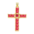 Gold cross necklace pendant with red square gemstone and clear zircon inlay - Pendant 78 (Gold Red Ruby Luxury Cross)