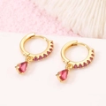 Elegant 14K gold plated hoop earrings featuring pear-cut red zircon drop pendants - Red