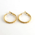 Polished gold round earrings with embossed texture pattern on minimalist hoop design - Gold