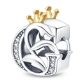 Silver letter G charm bead with gold crown and sparkling cubic zirconia stones - Letter G