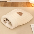 Saco de dormir para gatos acolchado crema con ribete de vellón y bordado de oso pardo - Saco de dormir tipo plumón-Blanco crema / Menos de 7kg/Talla L