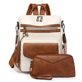Detail van retro rugzak en clutch set met kwastjes en PU-kunstlederen textuur - Wit en Bruin