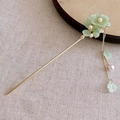 Golden hair stick with green faux jade flowers and hanging pearl tassel charms - Green Double Magnolia