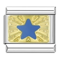 Macro shot of silver stainless steel charm link with gold plate and blue star detail - C1381 Blue Star With Gold Edge