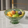 Fruttiera verde trasparente con trama a cristallo, bordo dorato e base alta, 26 cm - Verde Agata