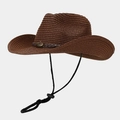 Brown woven straw cowboy hat with vintage bull emblem and adjustable chin strap - One Size / Dark Brown
