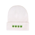 White knitted beanie with cute green frog embroidery in various playful expressions - Multiple Frog Expressions Embroidery / White