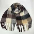 Thick winter scarf with brown, beige, and grey plaid pattern and tassel edges - 38# (Brown Beige Grey Knitted Plaid)