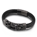 Pulsera de hombre en cuero trenzado negro con detalles de engranajes plateados - 19cm / Estilo Punk de Engranaje (KB137399-KFC) / Plata Antigua