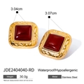 Vintage stainless steel square earrings with red agate stones and golden hammered texture - Vintage Square Red Stone Style (JDE2404040-RD)