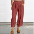 Detail of terracotta cotton linen loose pants with elastic high waist and deep side pockets - M / Bottoms / Brick Red