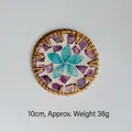 Handmade rattan coaster with purple and teal shell flower inlay in 10cm diameter - Purple Block Blue Flower 10CM