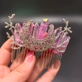 Silver branch and moon hair comb featuring natural pink crystal points for women - Pink Purple + Branch + Moon