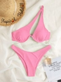 Pink one-shoulder ribbed bikini set with cutout top and high-cut bottom on white satin - XS / Pink