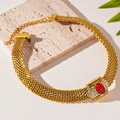 Vintage golden mesh necklace with a red gemstone butterfly pendant and rhinestones - 75# Necklace-Gold-Red
