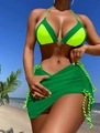 Detailed view of color block bikini with adjustable drawstring mesh sarong beach skirt - Green