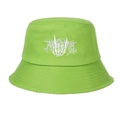 Detail of neon green gothic bucket hat featuring white skull hand punk embroidery - One Size / Grass Green