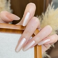 Elegant nude almond-shaped press-on nails with shimmering cat-eye pearl finish effect - By2370 Qingxiao Dandan / Glue Type