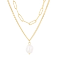Double-layered gold titanium necklace with baroque pearl pendant and paperclip chain links - Gold