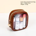 Brown PU leather travel makeup bag with clear PVC window and gold M-letter zipper - Brown Small Handbag