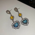 Vintage silver earrings with blue crystal heart and floral accents with pearls - Retro Heart Flower Pearl Drops (43#)