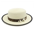 Detail of straw sun hat featuring leopard print ribbon with pearls and flower accents - M (56-58cm) / Creamy White