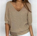 Damen V-Ausschnitt Strickoberteil in Champagner-Gold mit Fledermausärmeln und Rippsaum - 3XL / Oberteil (V-Ausschnitt) / Khaki