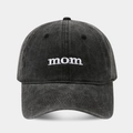 Washed dark grey cotton baseball cap featuring white MOM embroidery in vintage dad hat style - Soft Top Lowercase mom Black