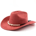 Detailed view of a red suede cowboy hat featuring elegant white pearl bead decorations - M (56-58cm) / Brick Red