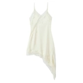Detail of elegant lace patchwork and asymmetric hemline on a white satin slip dress - XS / Milky White
