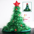 Green tinsel Christmas tree hat with red bells and glowing LED lights for holiday parties - Double Layer Green With LED Light