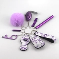 Detailed set of purple self-defense keychain accessories with alarm and plush pompom - 22-Purple Marble