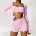 Ροζ σετ γιόγκα με μακρυμάνικο crop top με τετράγωνη λαιμόκοψη και ψηλόμεσο αθλητικό σορτς - S / Μακρυμάνικο + Σορτς / Ροζ Σακούρα