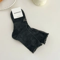 Dark gray combed cotton mid-calf socks with delicate ruffled edges and white embroidery - One Size / Dark Gray