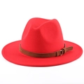 Classic red wool fedora hat with a brown leather belt and metal buckle on white background - Orange Red