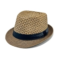 Cappello fedora in paglia con motivo a trama bicolore e nastro decorativo nero - M / Cachi Scuro