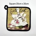 Square 20x20cm cotton potholder featuring 'Let's Eat' chef illustration and hanging loop - Chef Square
