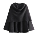Detail of black knit shawl coat with a single button and layered wool texture design - S / Grey Scarf
