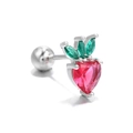 Sparkling strawberry screw-back stud earring with red heart-shaped zircon and green leaves - Silver Strawberry