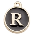 Golden round pendant with black enamel inlay featuring letter R for DIY bracelets - Letter R / 1 Piece (12x14mm) / Black