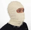 Funny cream balaclava knitted hat with distressed fringe and long tassels for adults - One Size / Beige