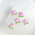 Five cute pink peach resin charms with green leaves for DIY summer nail art crafts - Peach