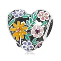 925 silver heart charm with colorful enamel flowers and zircons for DIY bracelets - 925 Silver / Flower Heart