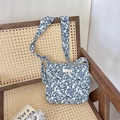 Blue and white floral canvas shoulder bag with Sorakkia brand tag and wide strap - Blue Fruit Pattern