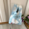 Cute animal themed knit tote bag with Hello Spring text and white cloud patterns - Blue Letter Swan