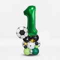 Detail of green number one balloon and soccer ball decorations for a birthday party set - Number 1
