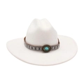 White western cowboy hat with ethnic embroidery band and turquoise stone detail - Large Brim Oval Blue Stone / White