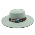 Close-up of mint green wide-brim fedora hat with ethnic woven band and turquoise brooch - M (56-58cm) / Mint Green