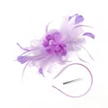 Lilac feather fascinator hat with mesh flowers and pearl beads on a headband - Light Purple