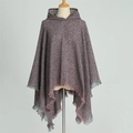 Close-up of fuchsia knit hooded poncho featuring irregular hem and fringed edges - Lead Grey (WT144-8)